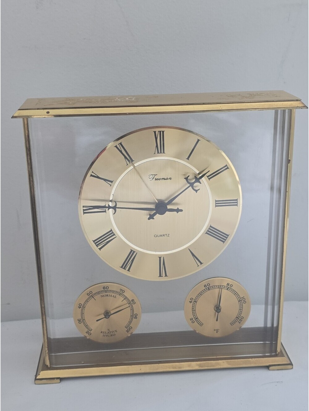 Vintage Freeman Quartz Weather Station Clock Thermometer Hygrometer Brass Tone